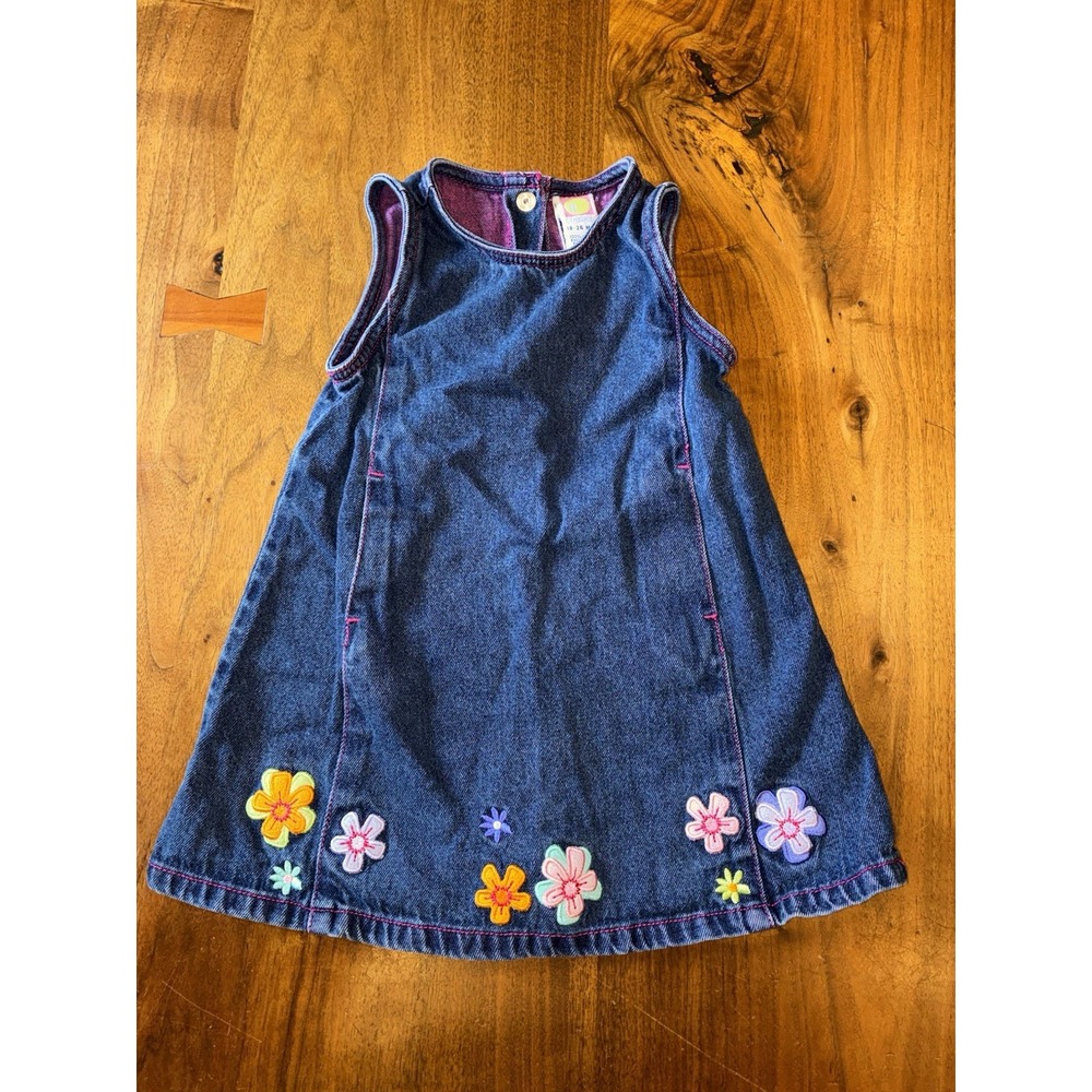 Vtg Toddler Girls Denim Jumper With Embroidered Flowers 2001 Sz 12-18 M Nice HTF